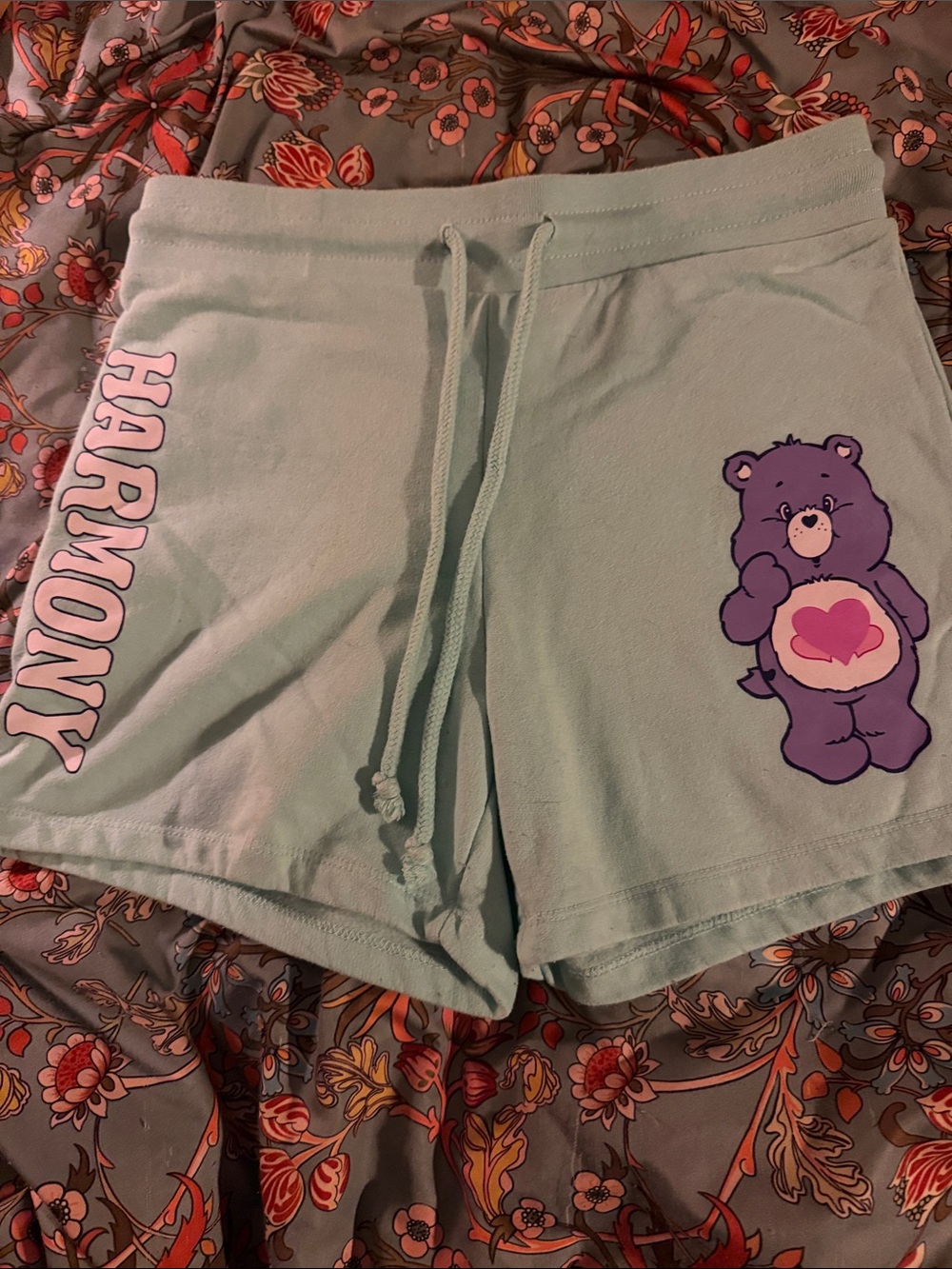 Care Bears Mint Green Harmony Lounge Shorts with Purple Bear Graphic